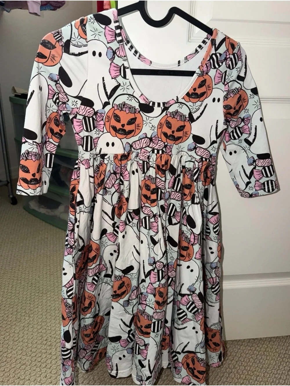 Girls' White Halloween Dress with Orange Pumpkins & Pink Candy